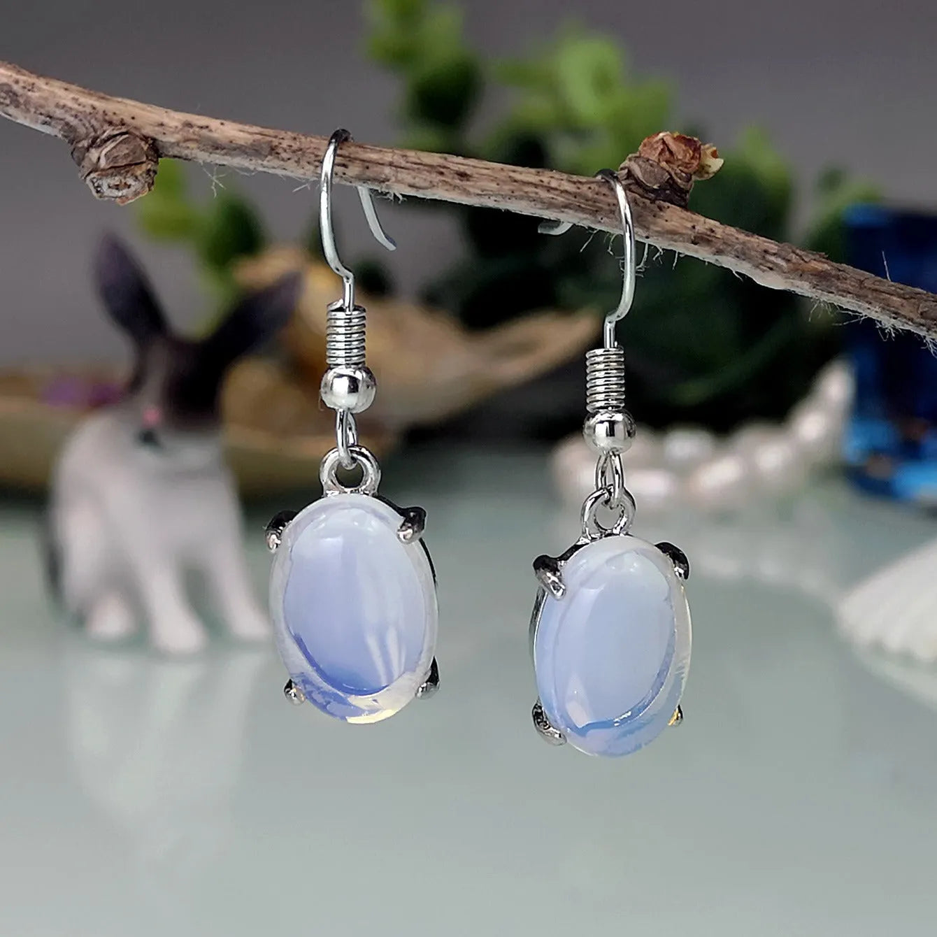 Moonlight white opal drop earrings with retro cross pendant on ellipse shape alloy jewellery