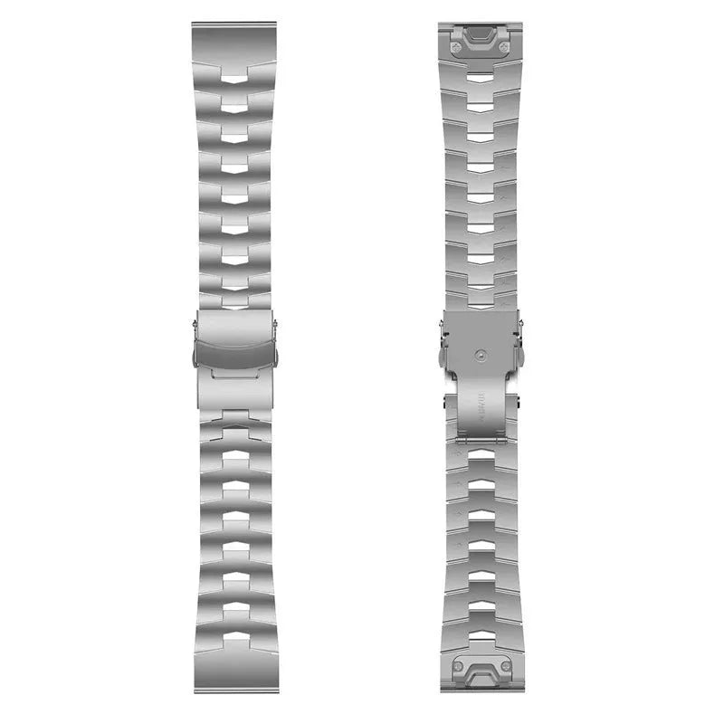 Garmin Fenix compatible watch strap in silver, black, and titanium colours showing 22mm and 26mm width options