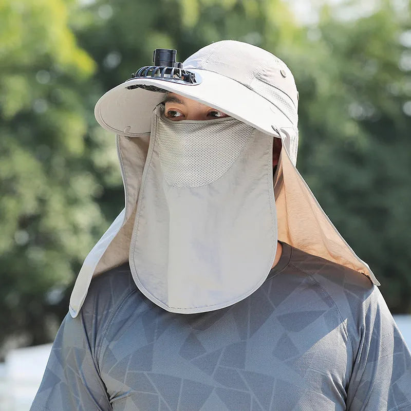 Men's khaki sun hat with built-in fan and neck covering shawl for outdoor fishing.