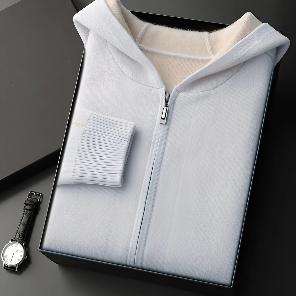Men's dark blue cashmere cardigan sweater with half-high collar and zipper front in thickened construction