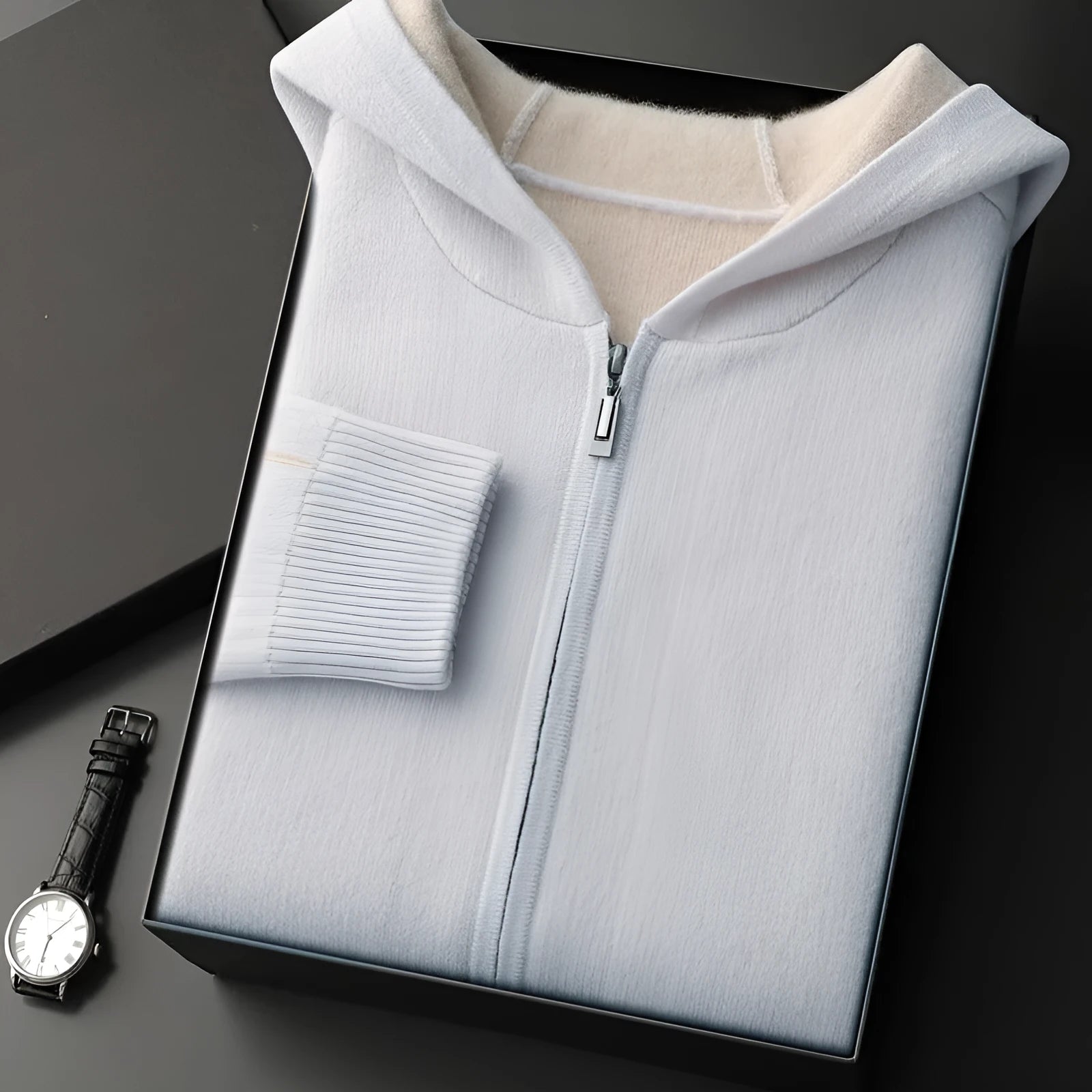 Men's dark blue cashmere cardigan sweater with half-high collar and zipper front in thickened construction