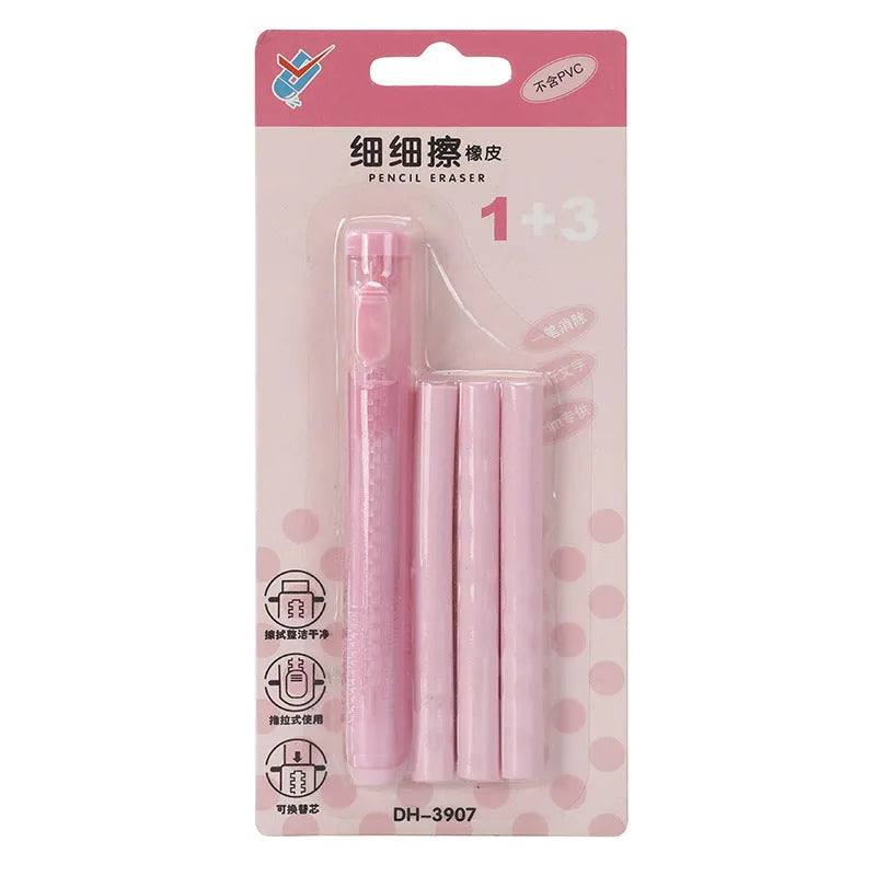Push type automatic children's eraser in blue, green, pink, purple colours measuring 12cm by 8cm