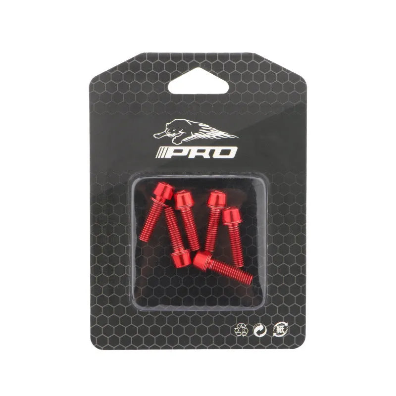 Set of six coloured stainless steel mountain bike riser fixing screws on a card.