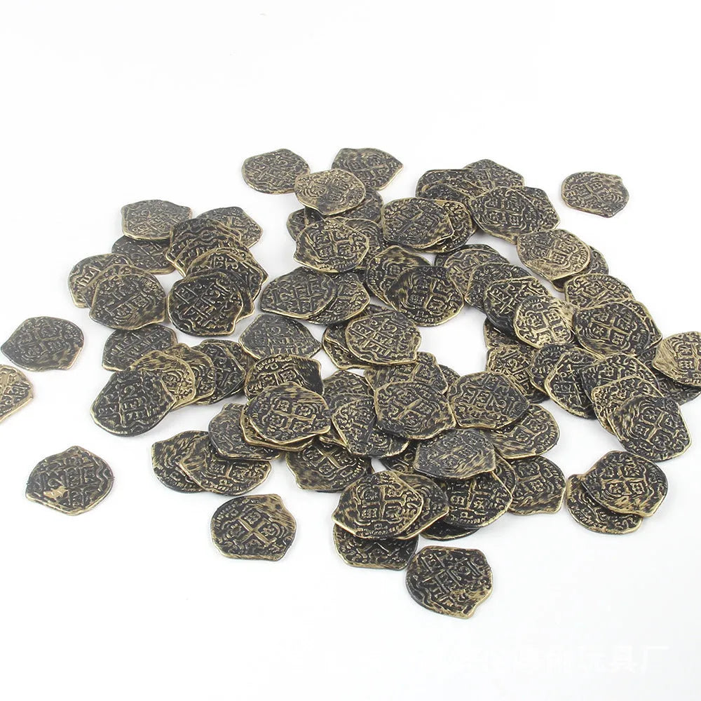 One hundred plastic replica Roman coins with metallic gold, silver or bronze electroplated finish