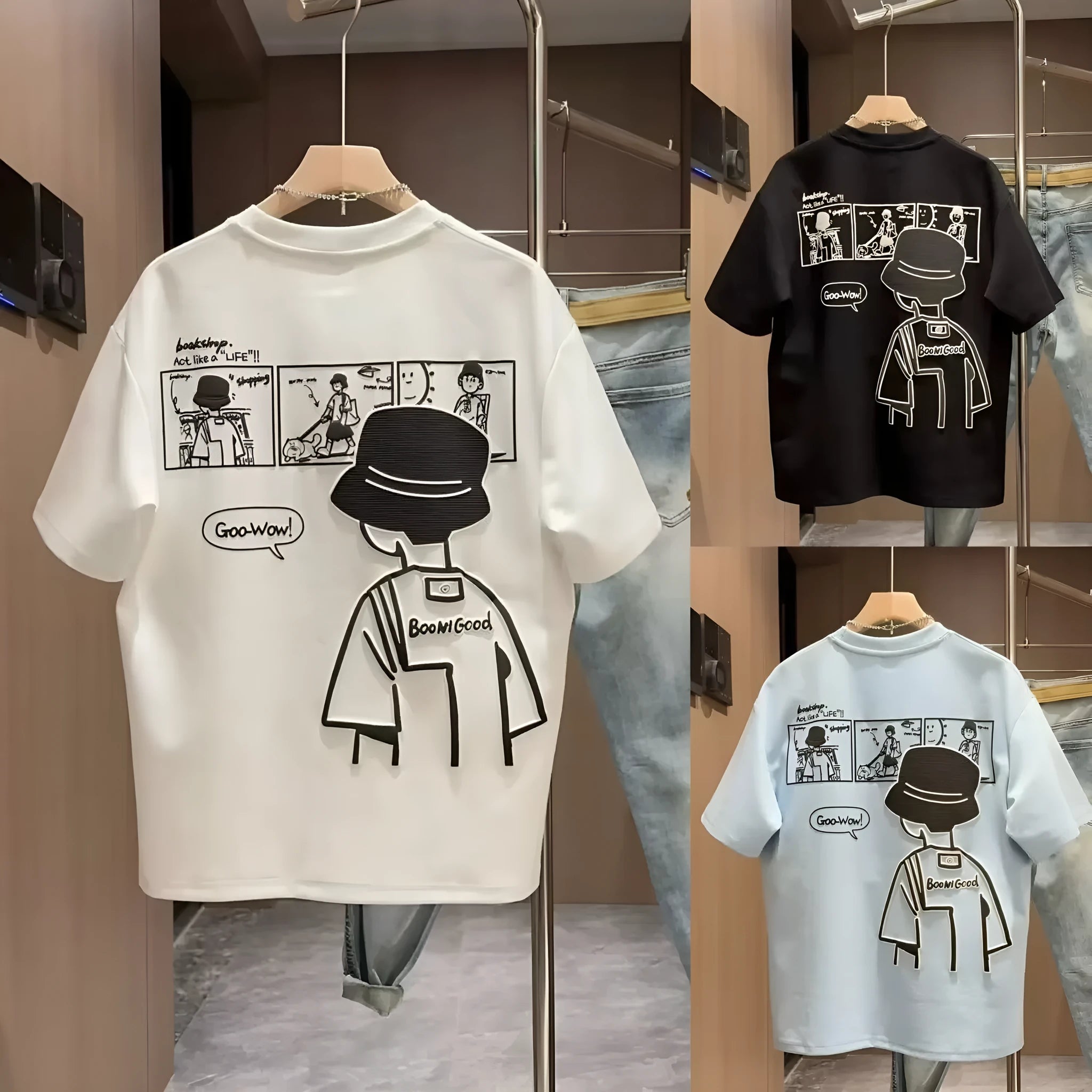 Men's black and white cotton short sleeve crew neck t-shirt on a hanger