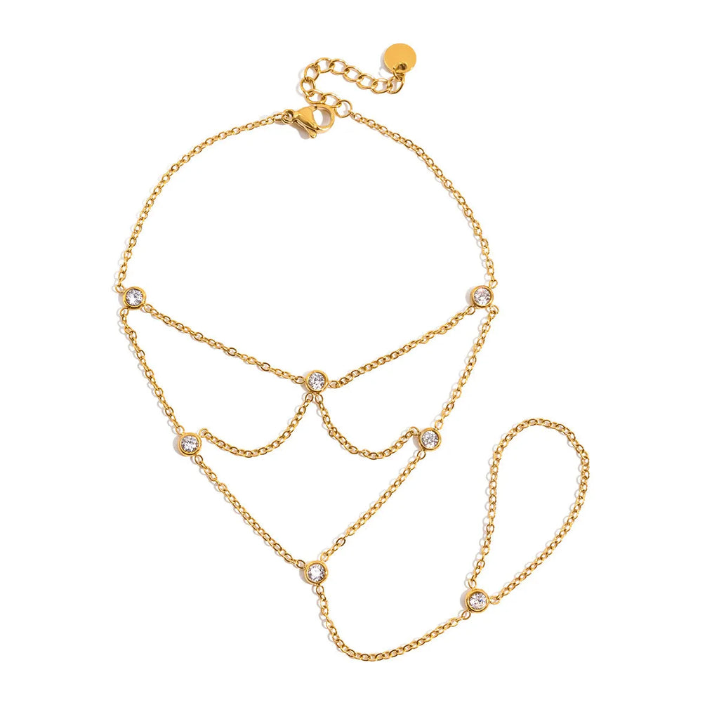 Zircon mitten-type bracelet with tassel in stainless steel, geometric round shape for women, colour JDB0307017