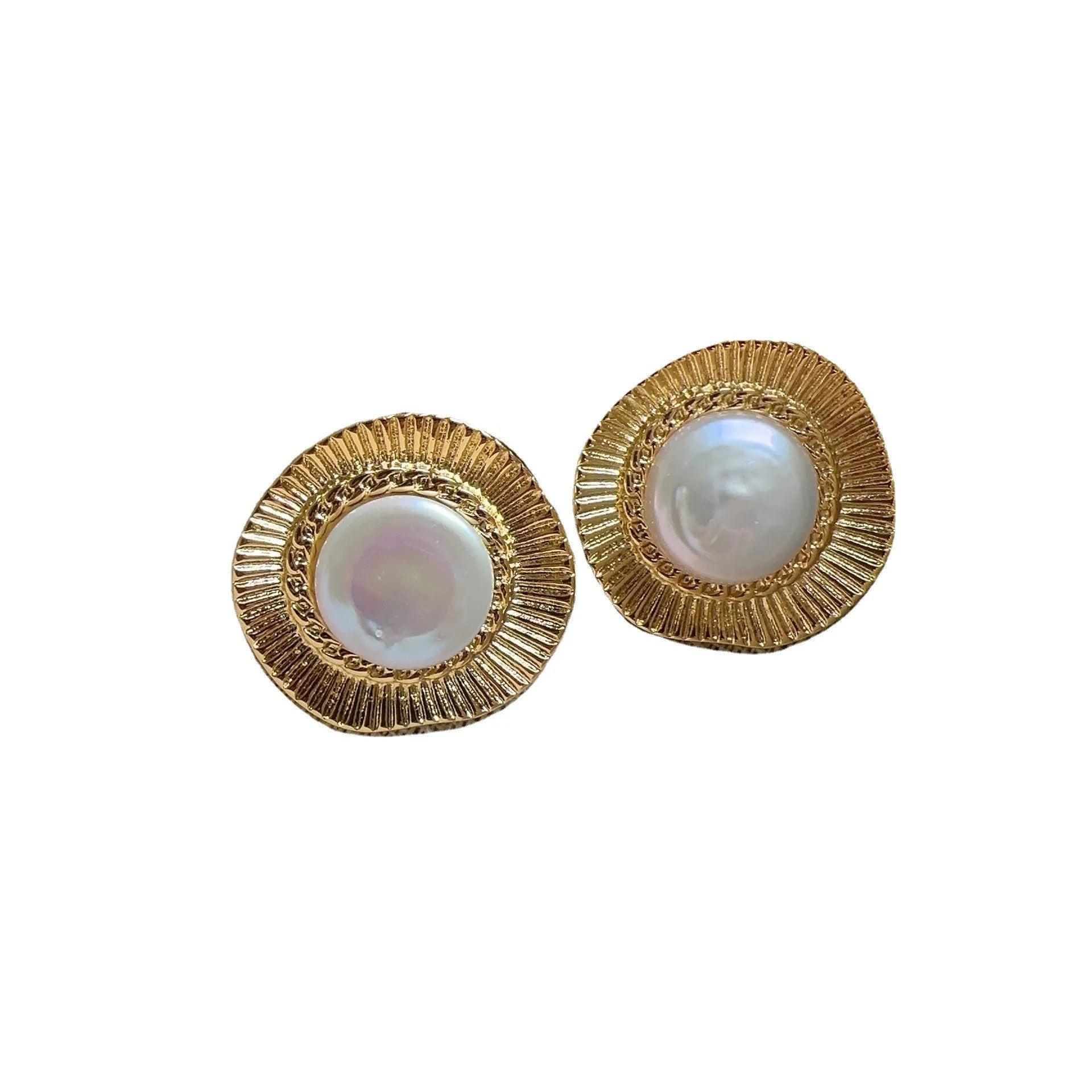 A pair of round, gold-tone retro style metal earrings for women