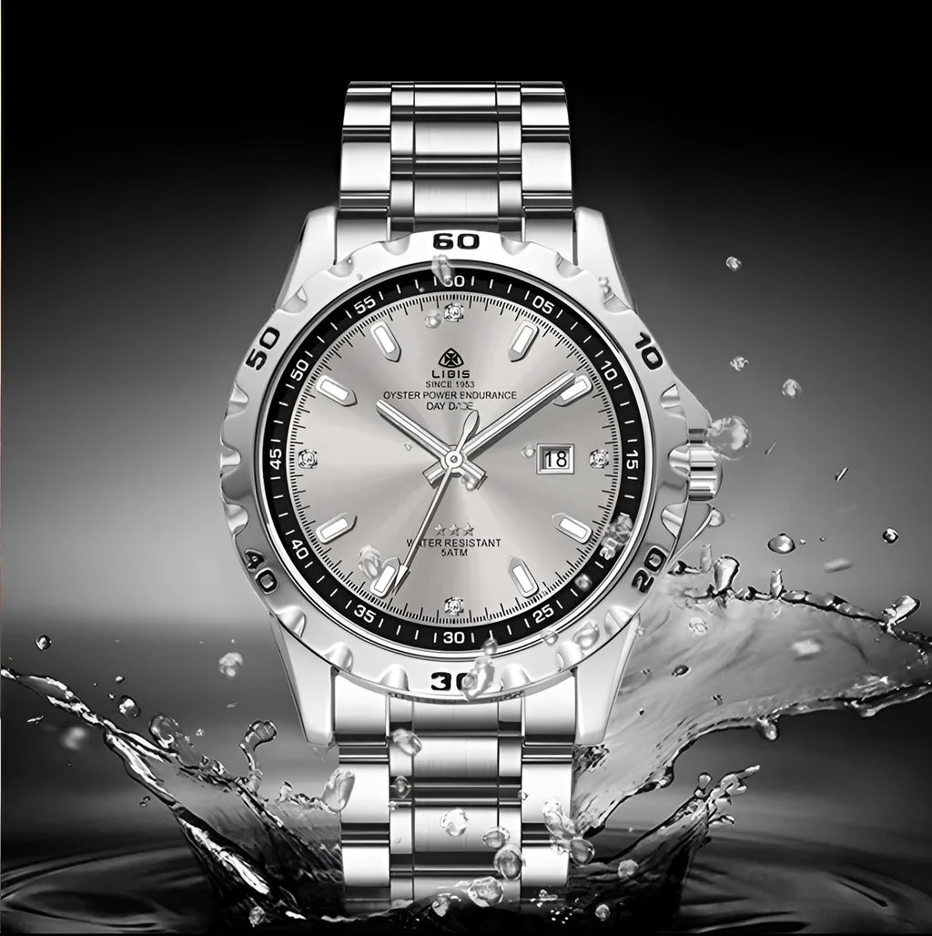 Men's silver case business watch with stainless steel strap and luminous hands on a grey dial.