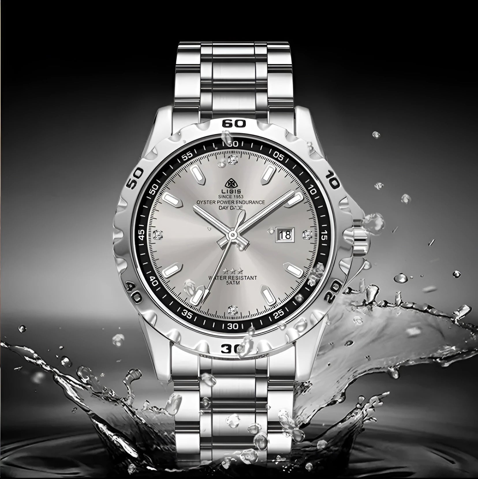 Men's silver case business watch with stainless steel strap and luminous hands on a grey dial.