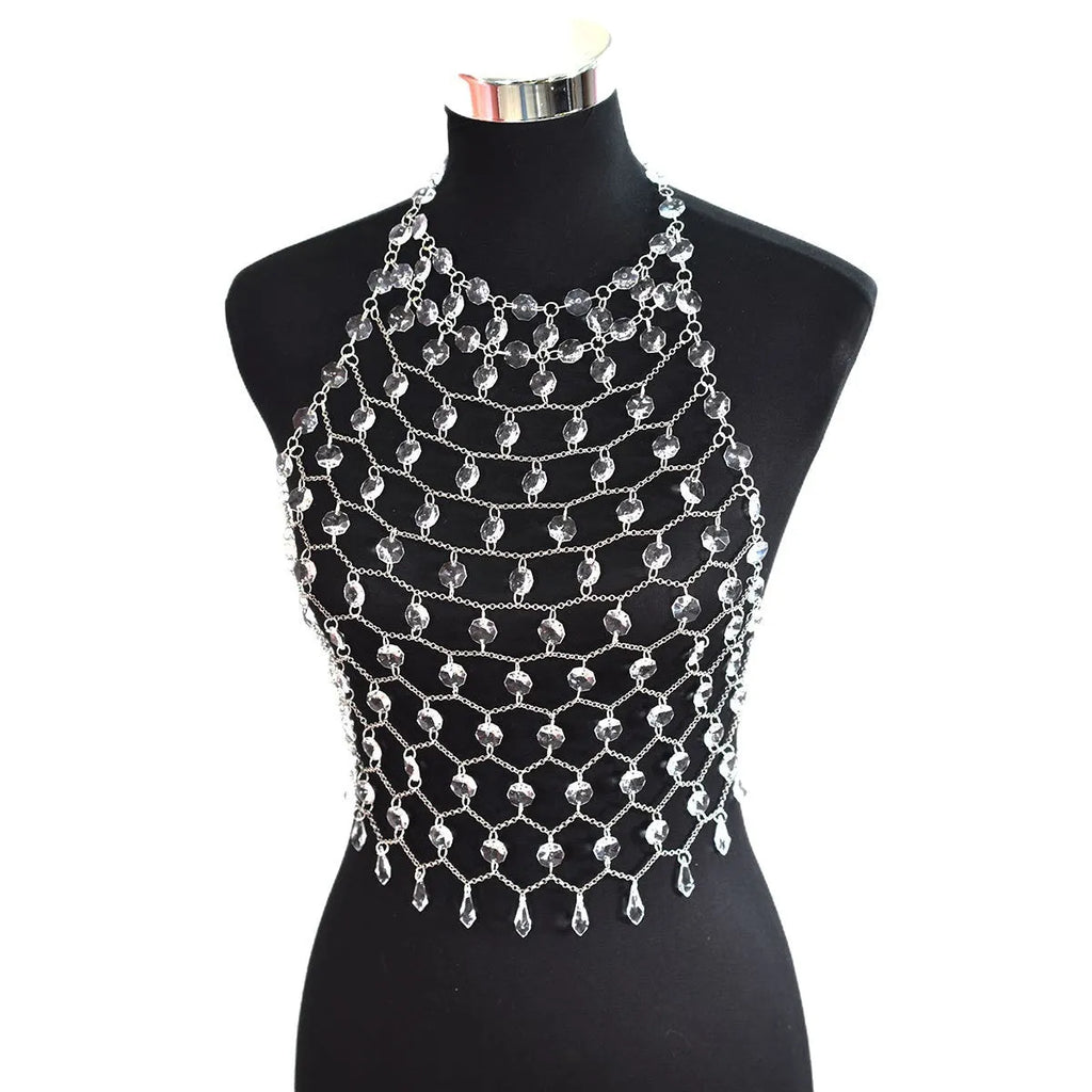 Transparent acrylic crystal sequin body chain with hand-woven plastic and resin construction