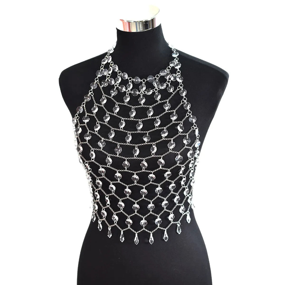 Transparent acrylic crystal sequin body chain with hand-woven plastic and resin construction