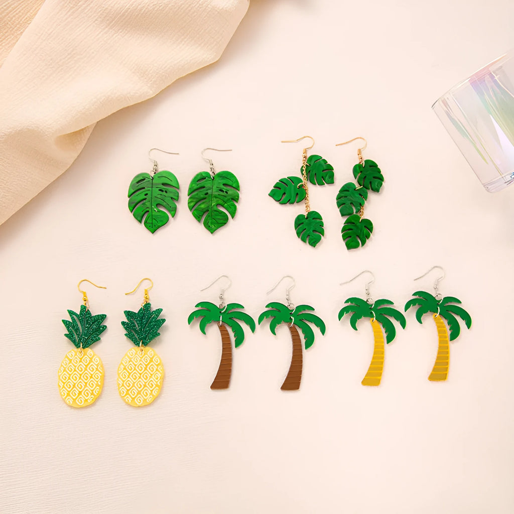 Colourful coconut artocarpus drop charm earrings on an alloy ear hook, shown in one of five style colours.