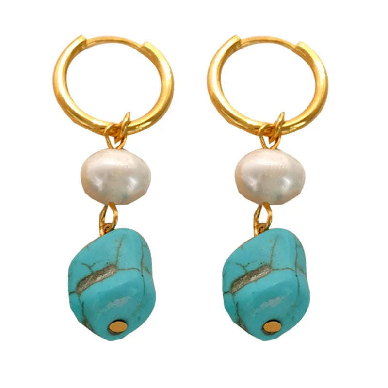Irregular turquoise and cultured pearl earrings with geometric copper settings in both dangle and stud styles