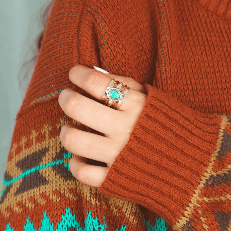 Retro green pine three-colour electroplated alloy ring for men and women