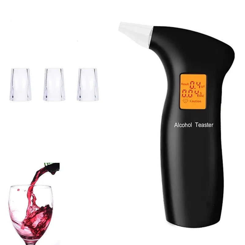 Handheld portable breath alcohol tester with orange light display and disposable mouthpieces.