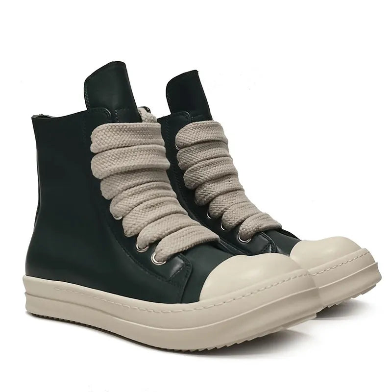 Men's and women's high-top leather sneakers in black with a side zipper and round toe on a rubber sole.