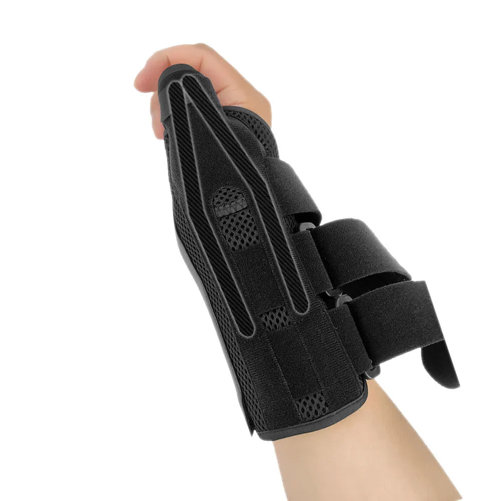 Black carbon fibre wrist guard with grey edging and thumb strap for sports support