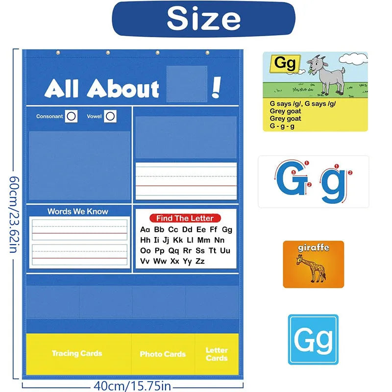 Large alphabet learning chart with word cards, letter cards, and picture cards for home education.