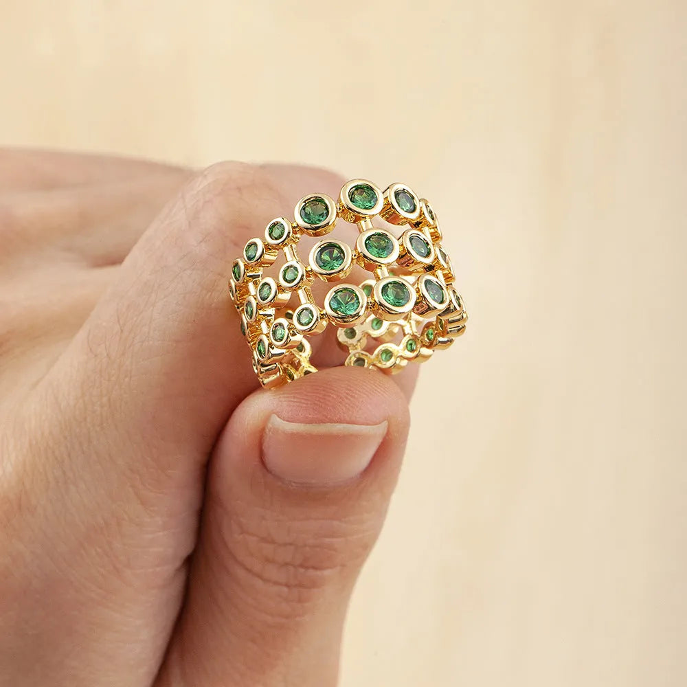 Copper ring with 18K real gold plating and three-layer green zircon stone design