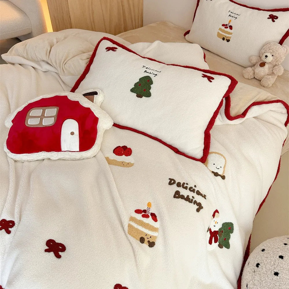 Winter Christmas cartoon bedding four-piece set with bed sheet, pillowcases, and duvet cover