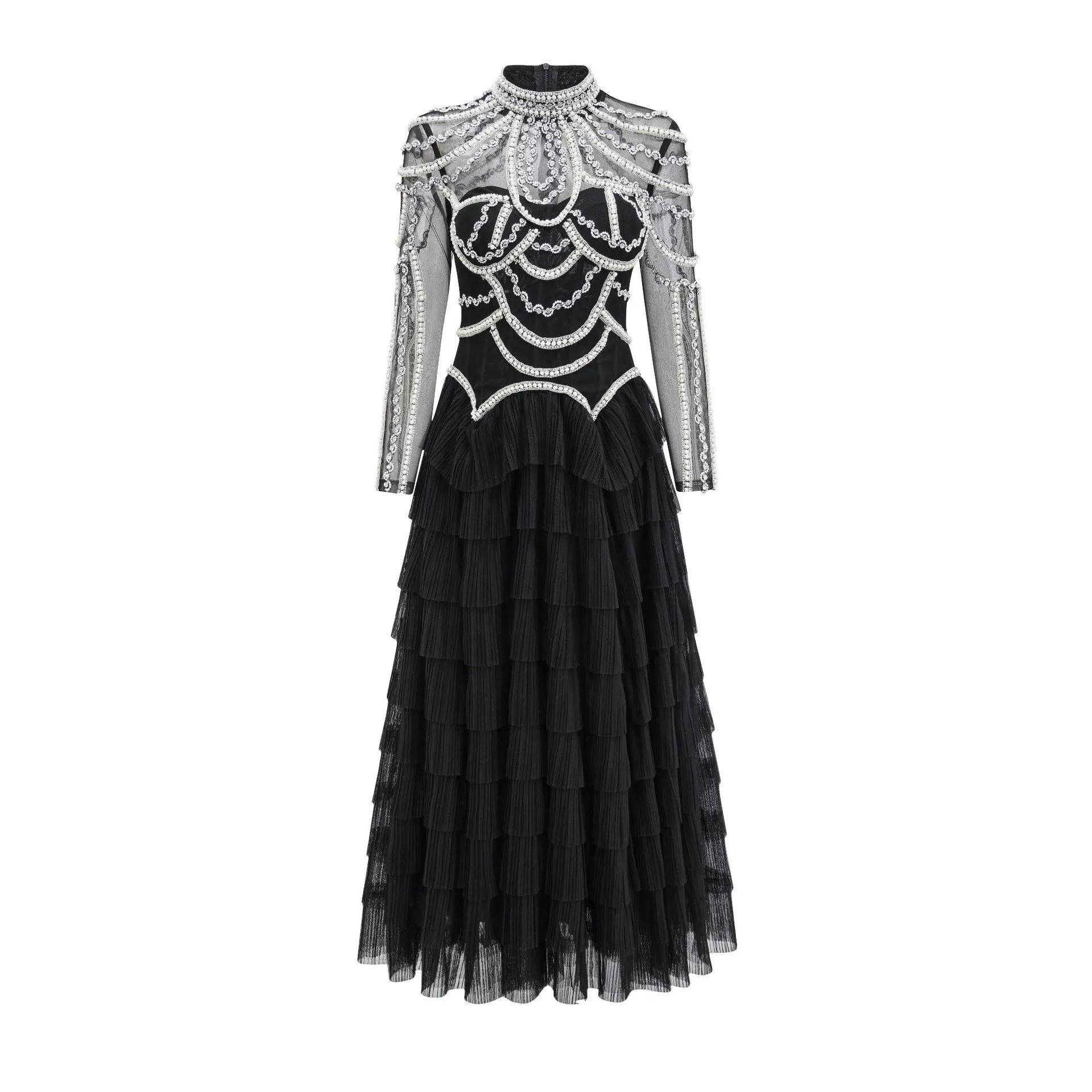 Women's long sleeve beaded dress in polyester with mid waist and long skirt design
