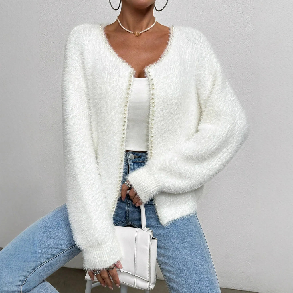 White polyester V-neck cardigan sweater for women with medium thickness and normal length