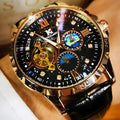 Men's automatic mechanical watch with black hollow dial and rose gold case on a leather strap.