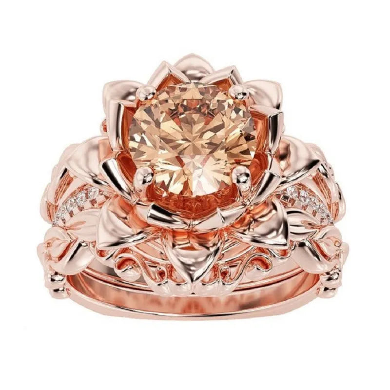 Geometric women's ring with rose zircon ornament in electroplated alloy with flower design elements