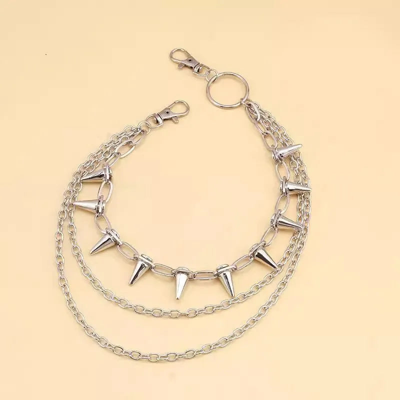 Silver punk pants chain with rivet detailing and zipper fastening, 115cm length