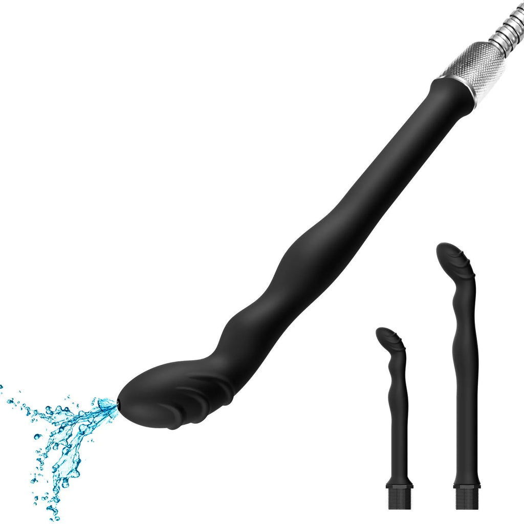 Black silicone hosepipe flusher for court cleaning, shown in large and small size options.