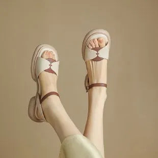 Women's chunky heel open toe sandals in renewable leather with rubber platform soles