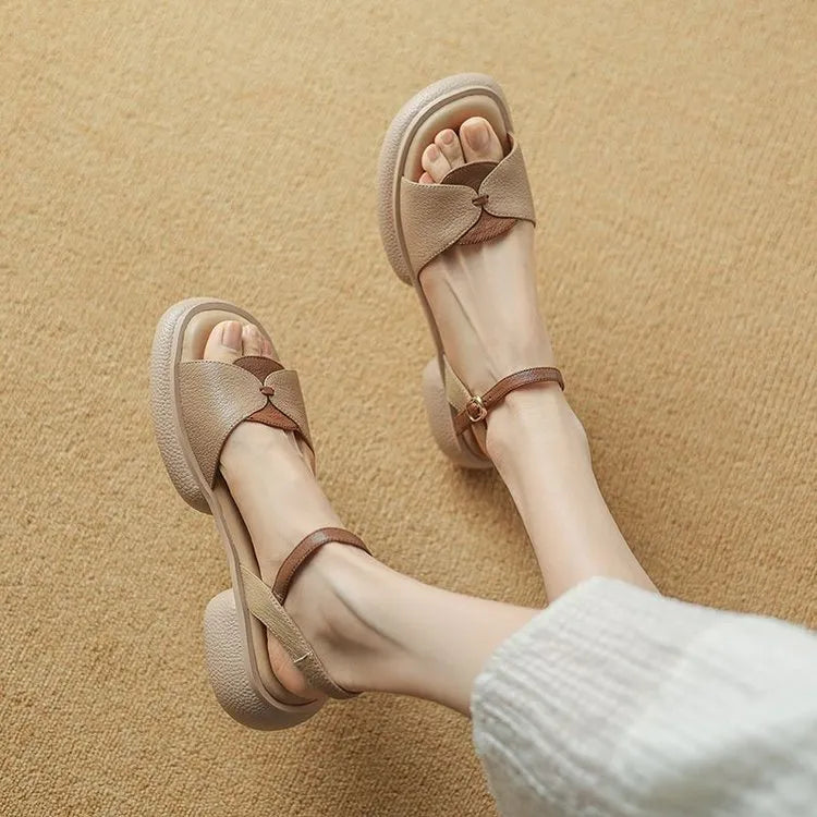 Women's chunky heel open toe sandals in renewable leather with rubber platform soles