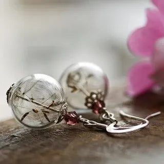 Transparent glass dandelion seed earrings with silver hooks in 16mm ball size
