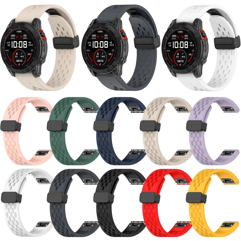 Garmin Fenix quick release watch strap in multiple colours showing 20mm, 22mm, and 26mm sizes with screwdriver tool.
