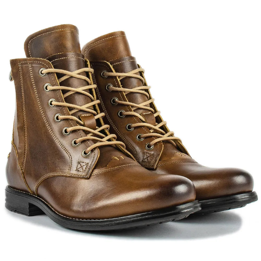 Knight Series black and brown two-tone leather men's boots with side zipper and low heel.