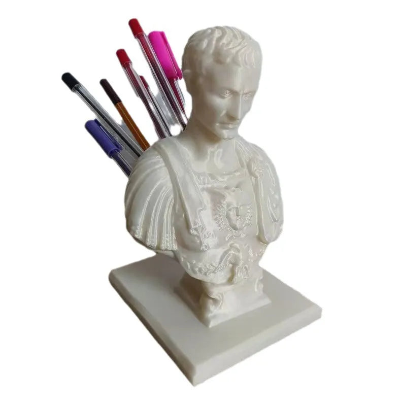 White synthetic resin statue pen holder, file basket desk tidy holding up to 15 pens