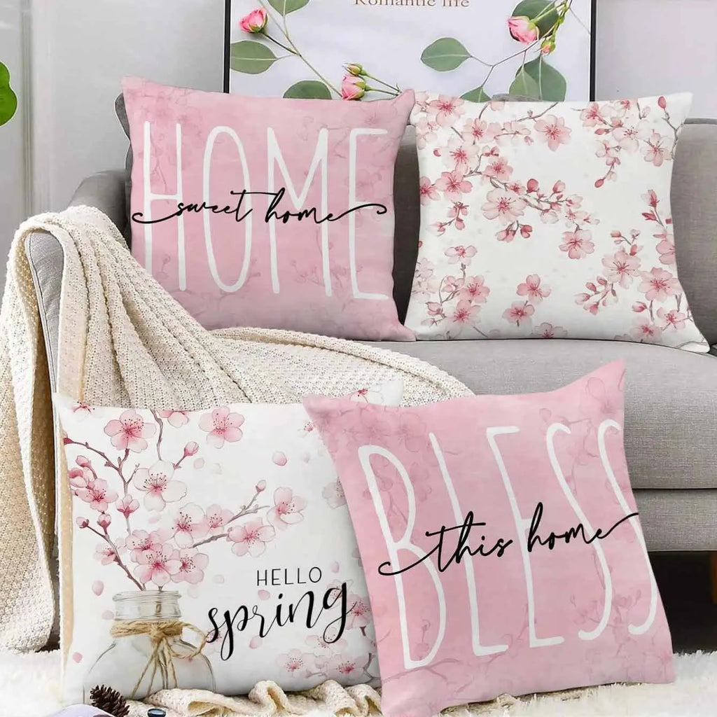 Square short velvet cushion cover with cherry blossom and letter print, 45x45cm.