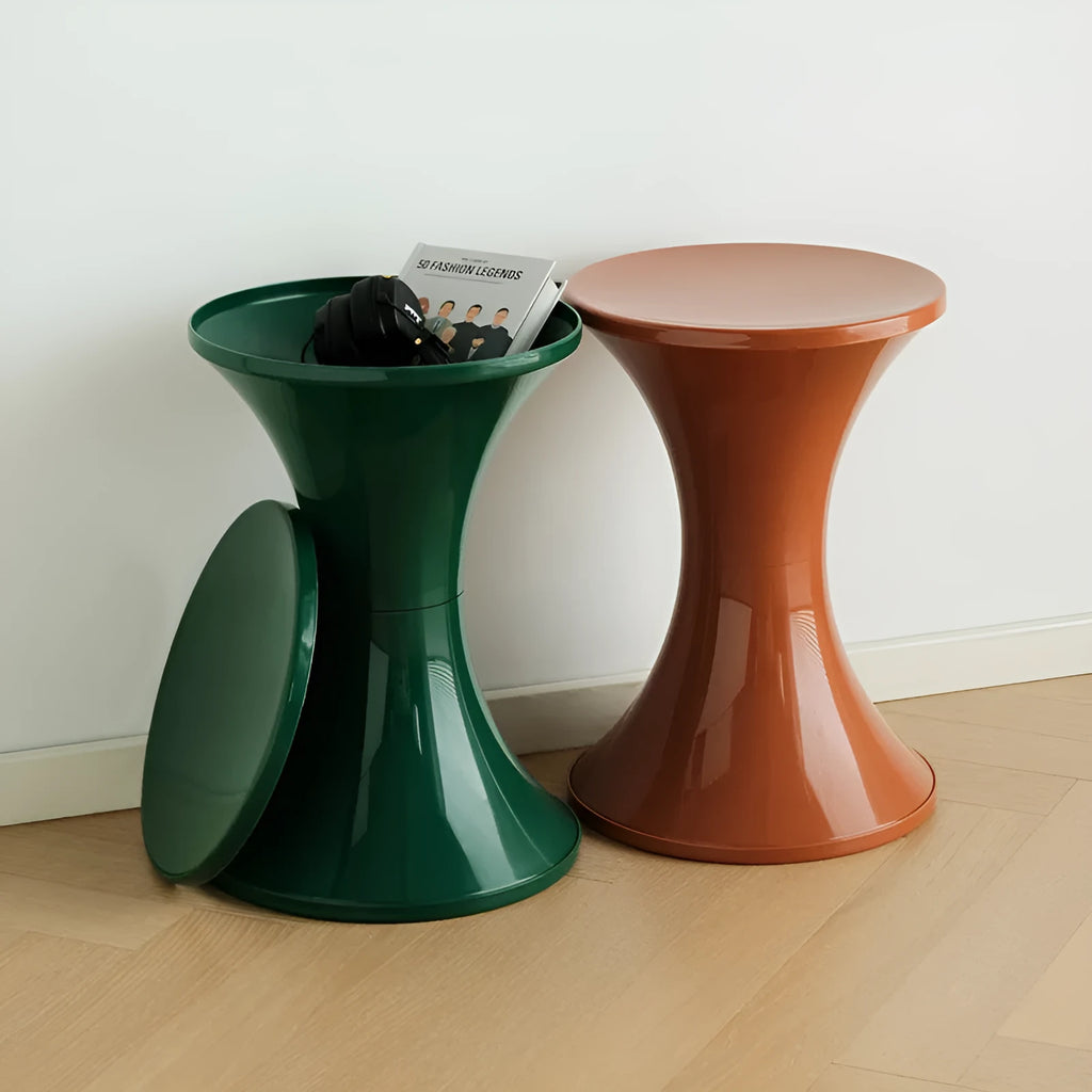 Plastic hourglass-shaped shoe changing stool shown in a selected colour.