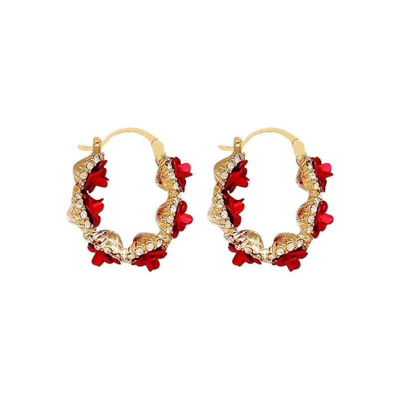 Red flower alloy ear clips with rose design elements for women's jewellery