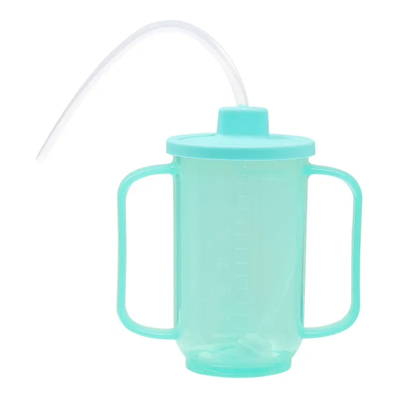 Adult choke-proof drinking cup with handle and slanted lid for bedside use.