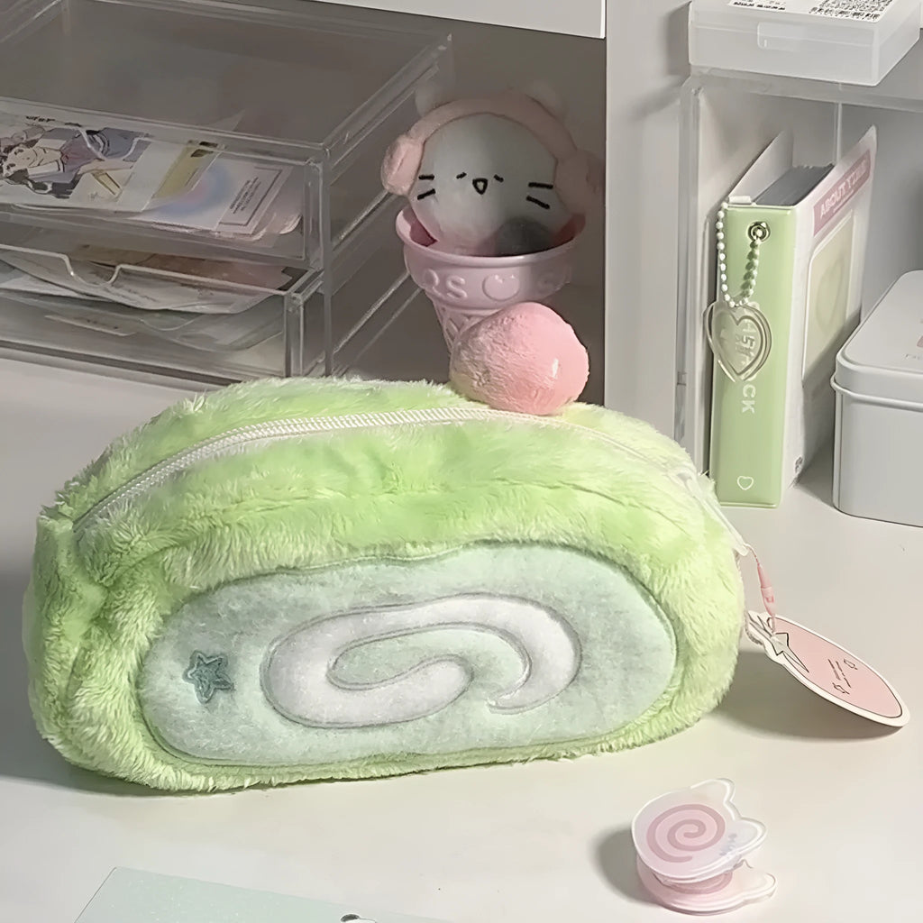 Honeydew roll plush velvet pencil case with Swiss roll cake design in Korean style