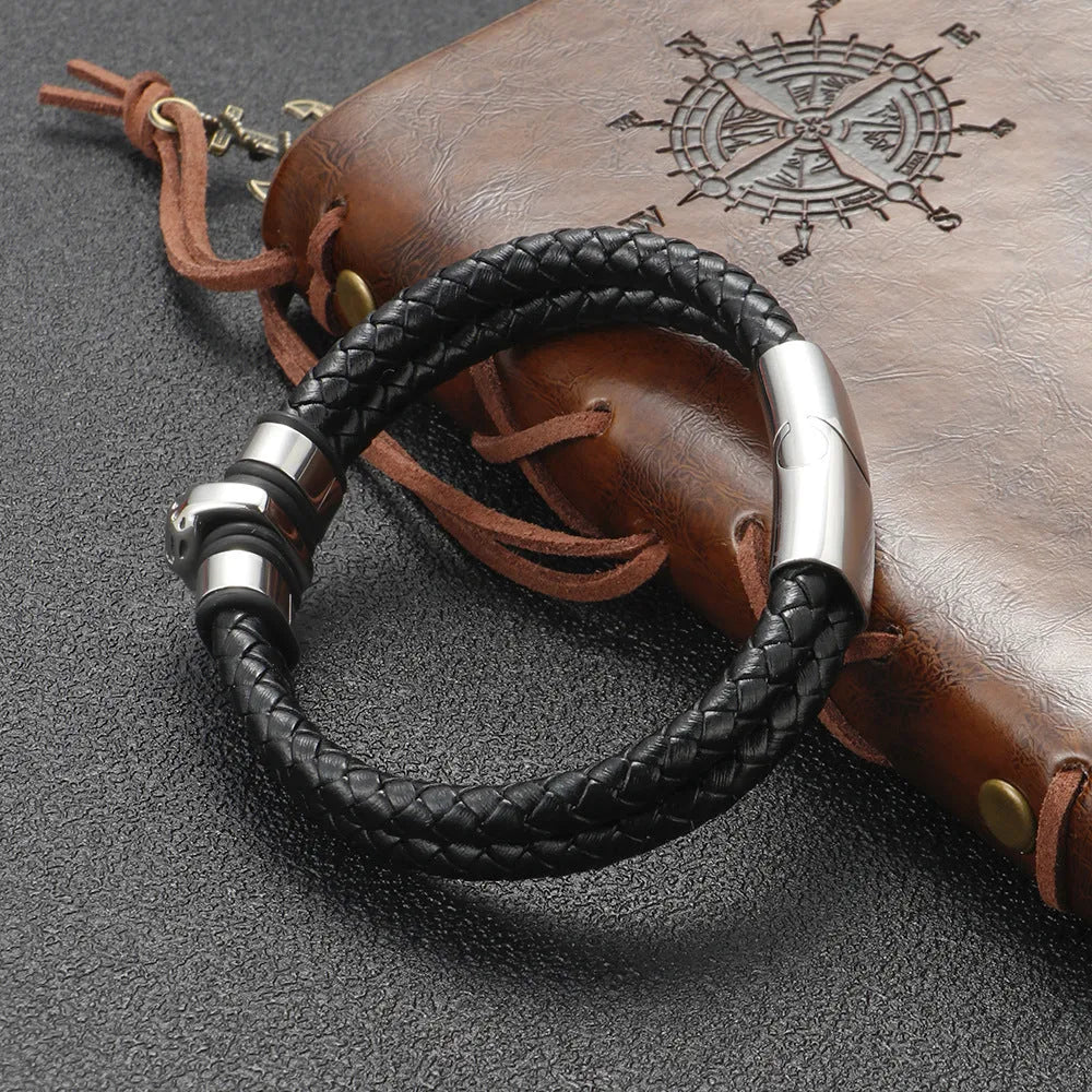 Silver titanium steel skull bracelet for men with geometric ornament in vintage punk style