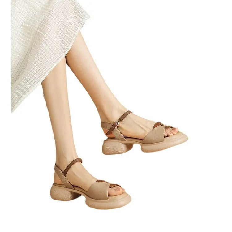 Women's chunky heel open toe sandals in renewable leather with rubber platform soles