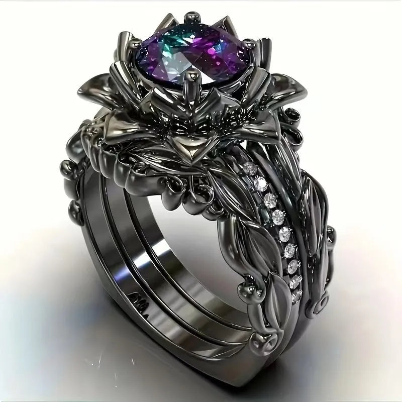 Geometric women's ring with rose zircon ornament in electroplated alloy with flower design elements