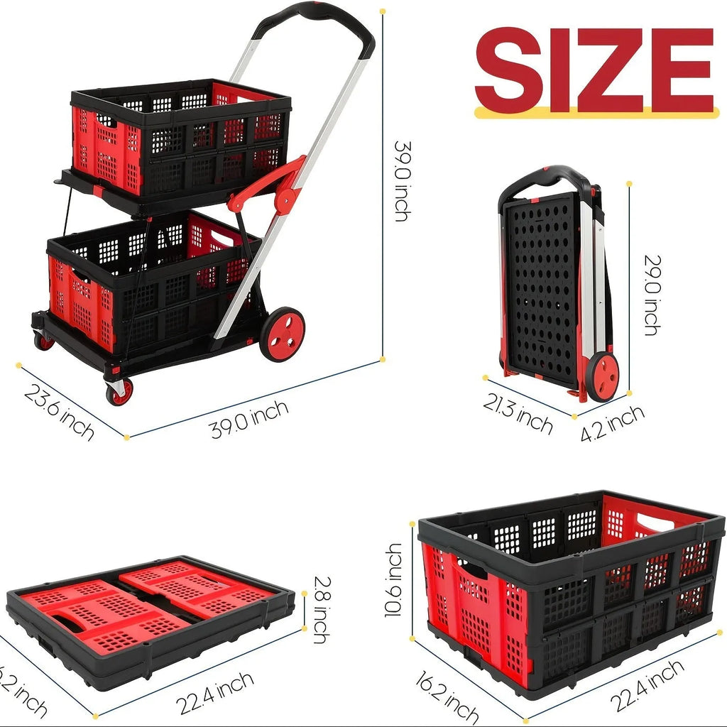 Foldable plastic shopping cart with two-layer basket design shown in blue colour option