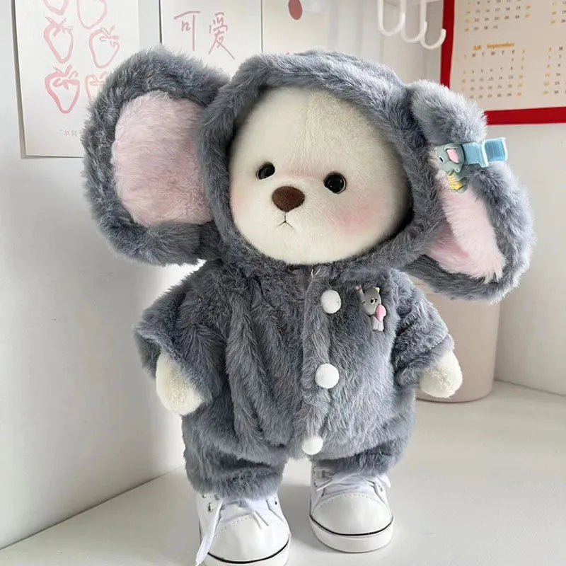 Grey elephant-themed plush jumpsuit for a 30cm teddy bear doll.