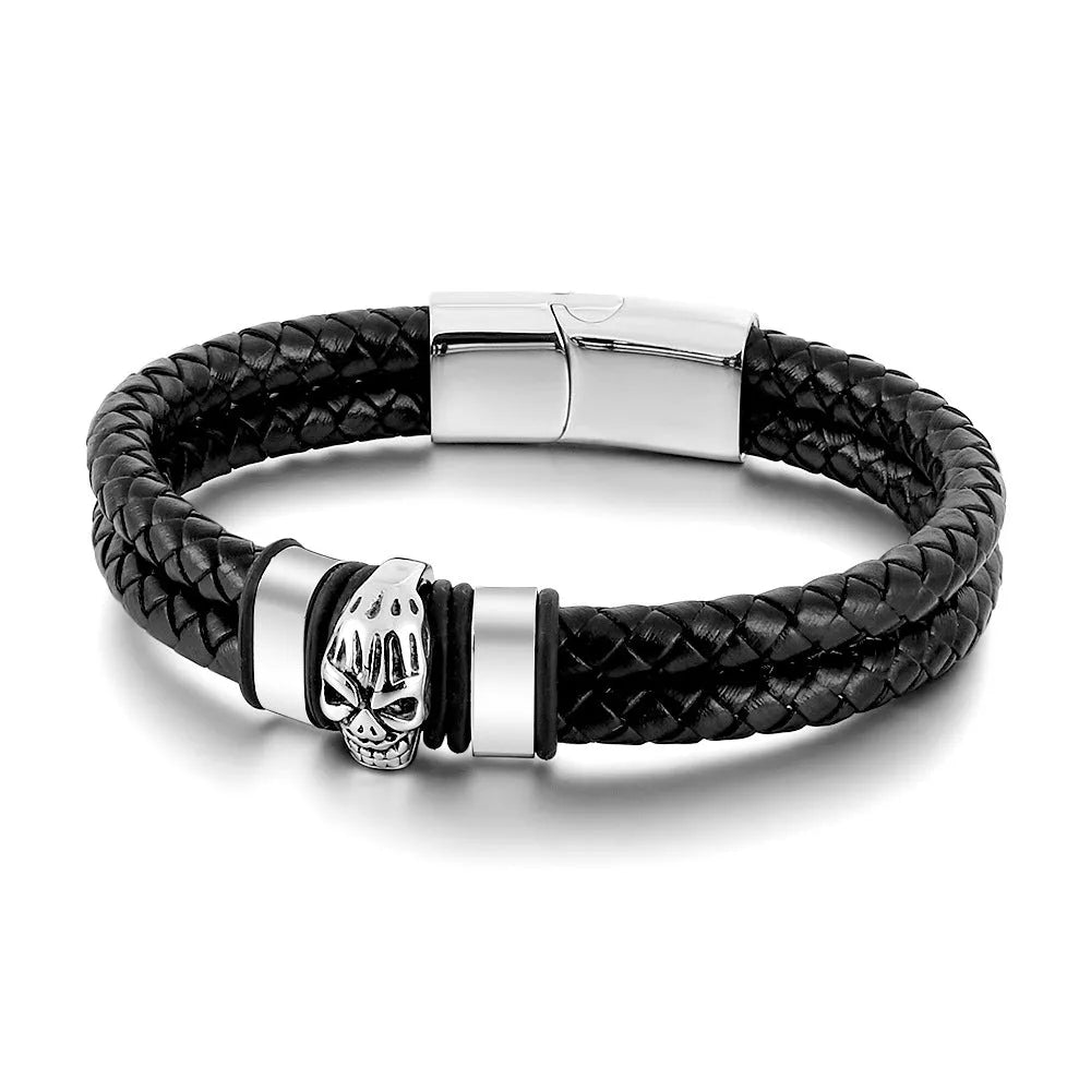 Silver titanium steel skull bracelet for men with geometric ornament in vintage punk style