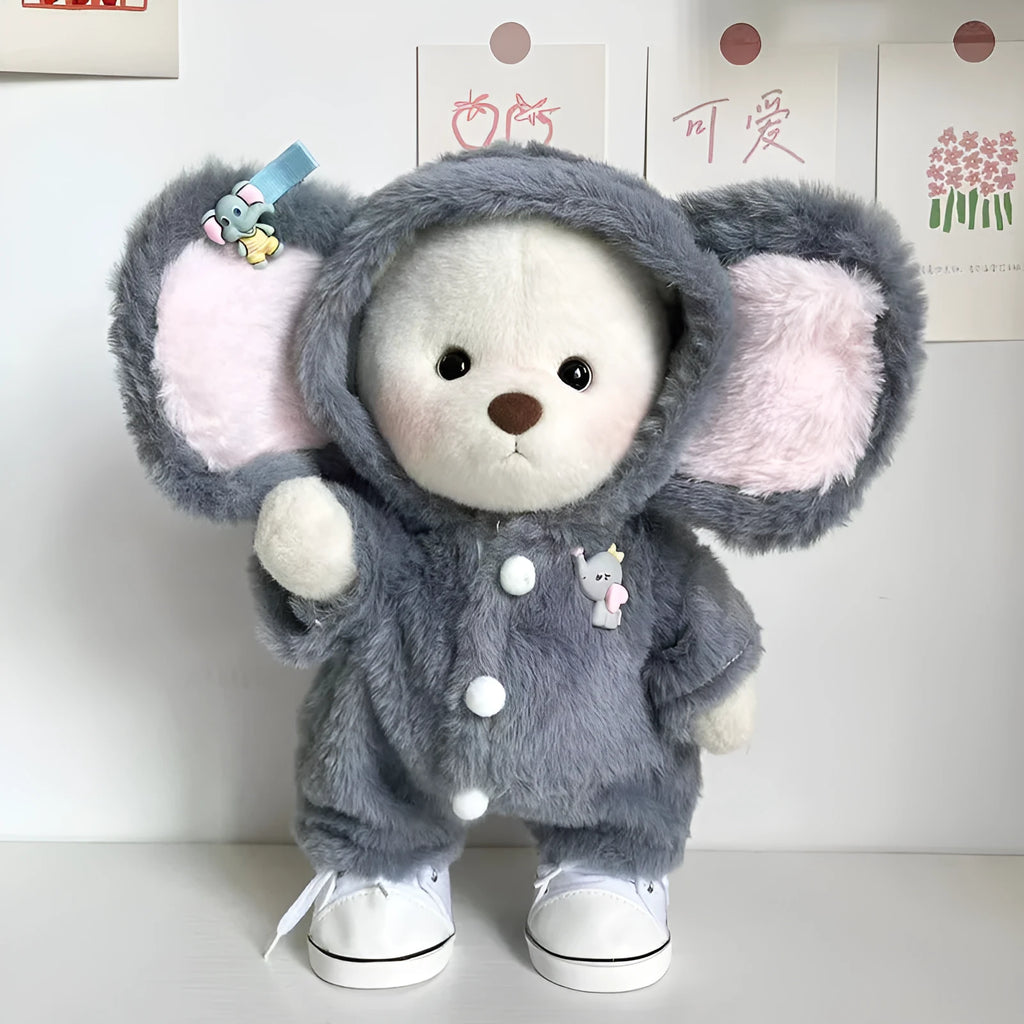 Grey elephant-themed plush jumpsuit for a 30cm teddy bear doll.