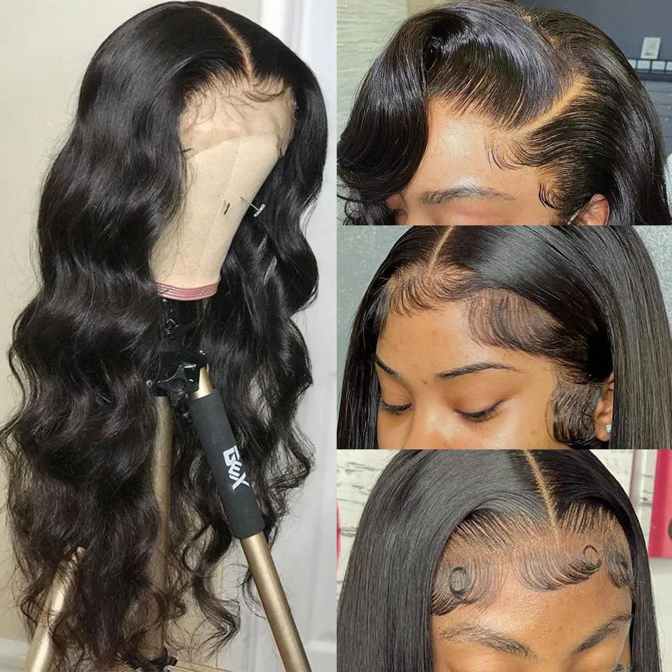 Black synthetic front lace wig with long curly hair and side bangs on a wig stand.