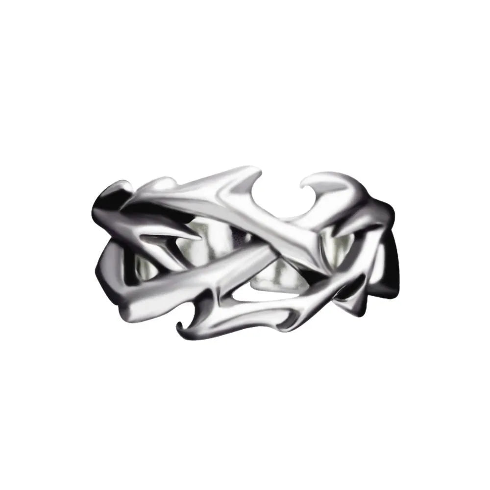 Copper men's ring with geometric thorn and flower design on an adjustable band.